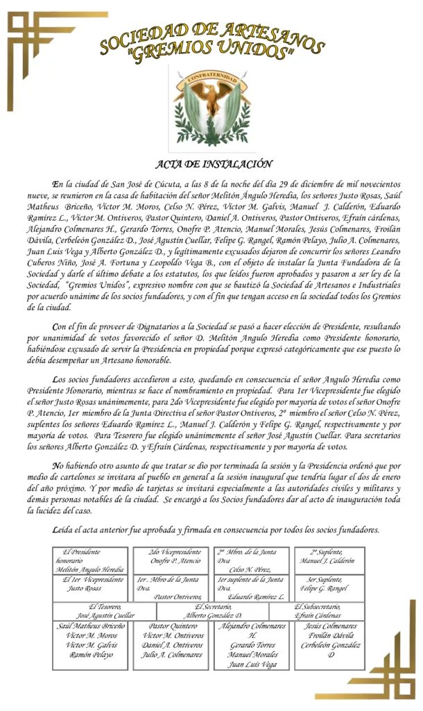 Acta de Instalación Histórica de la Sociedad de Artesanos Gremios Unidos